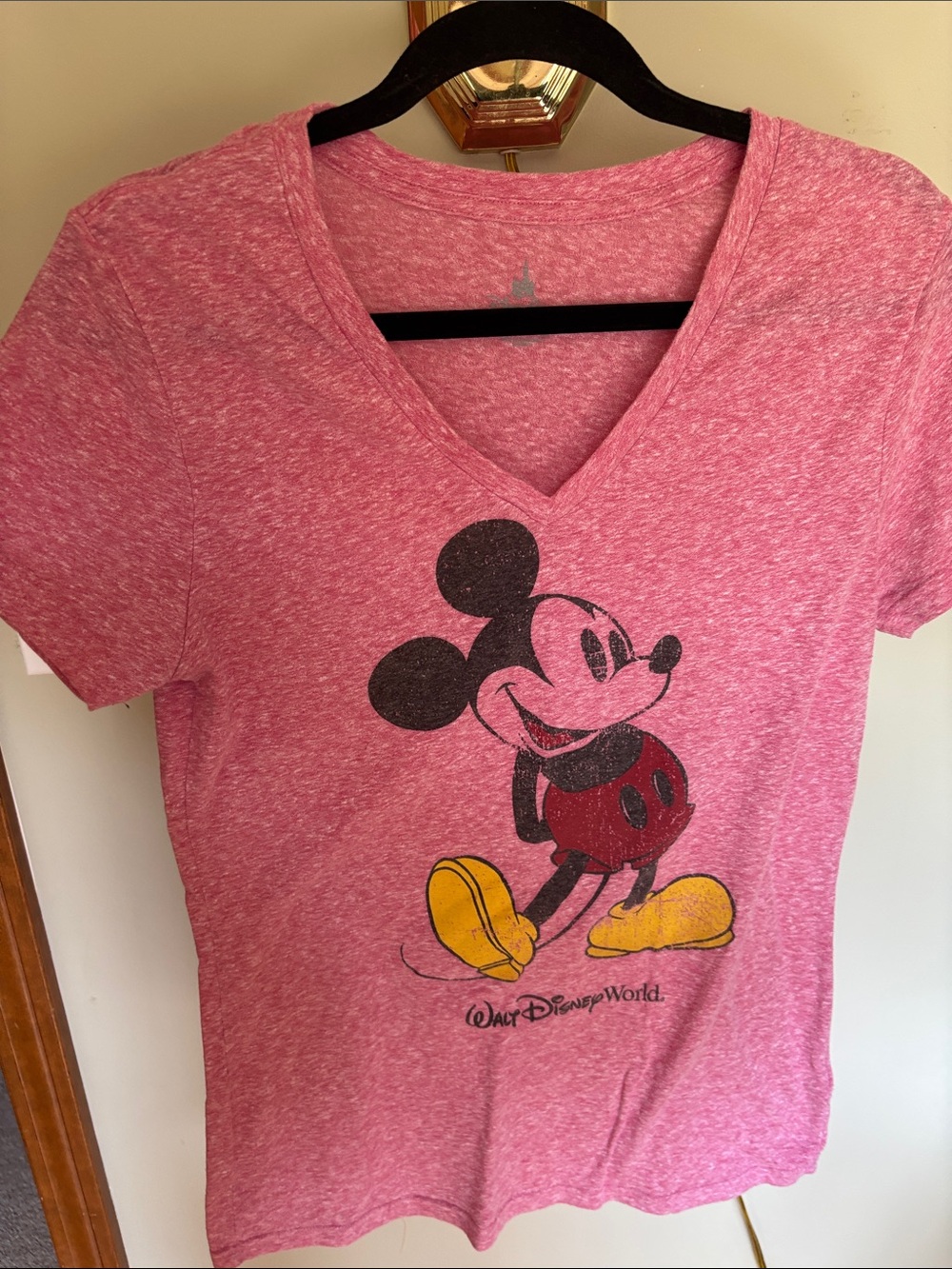Disney Heather Pink V‑Neck Mickey Graphic Tee